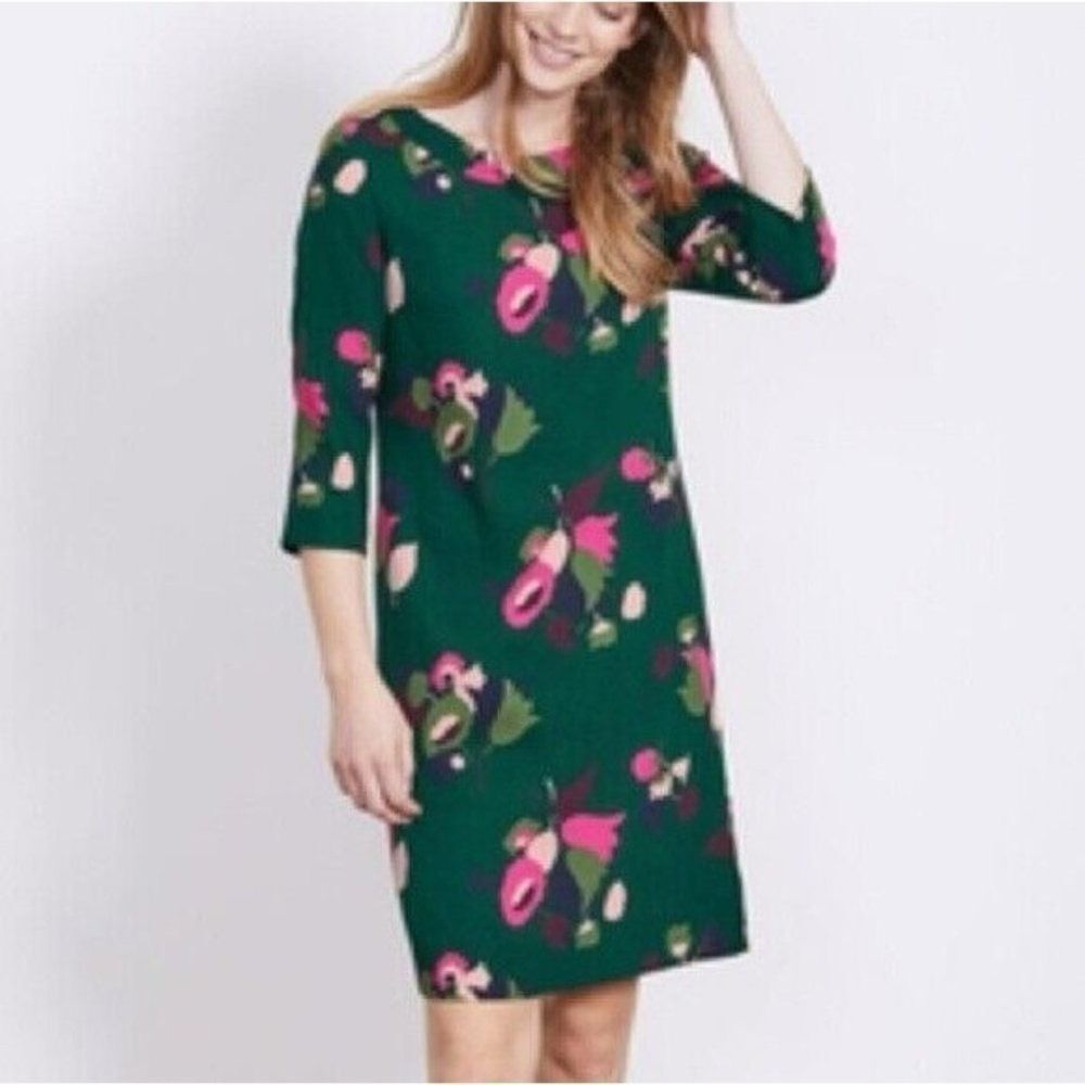 BODEN 14L Alda Heathland Posy Shift Dress Green Floral 3/4 sleeve boat neck